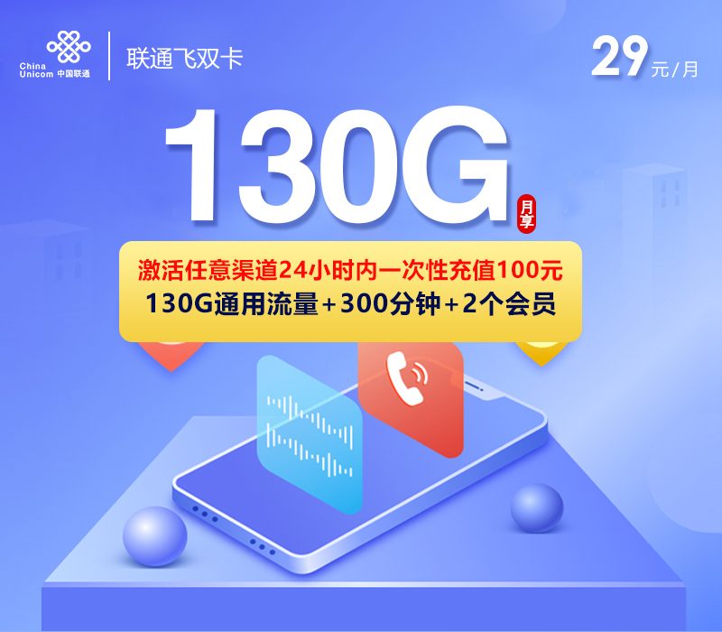 联通飞双卡【29元130G+300分钟+双会员】